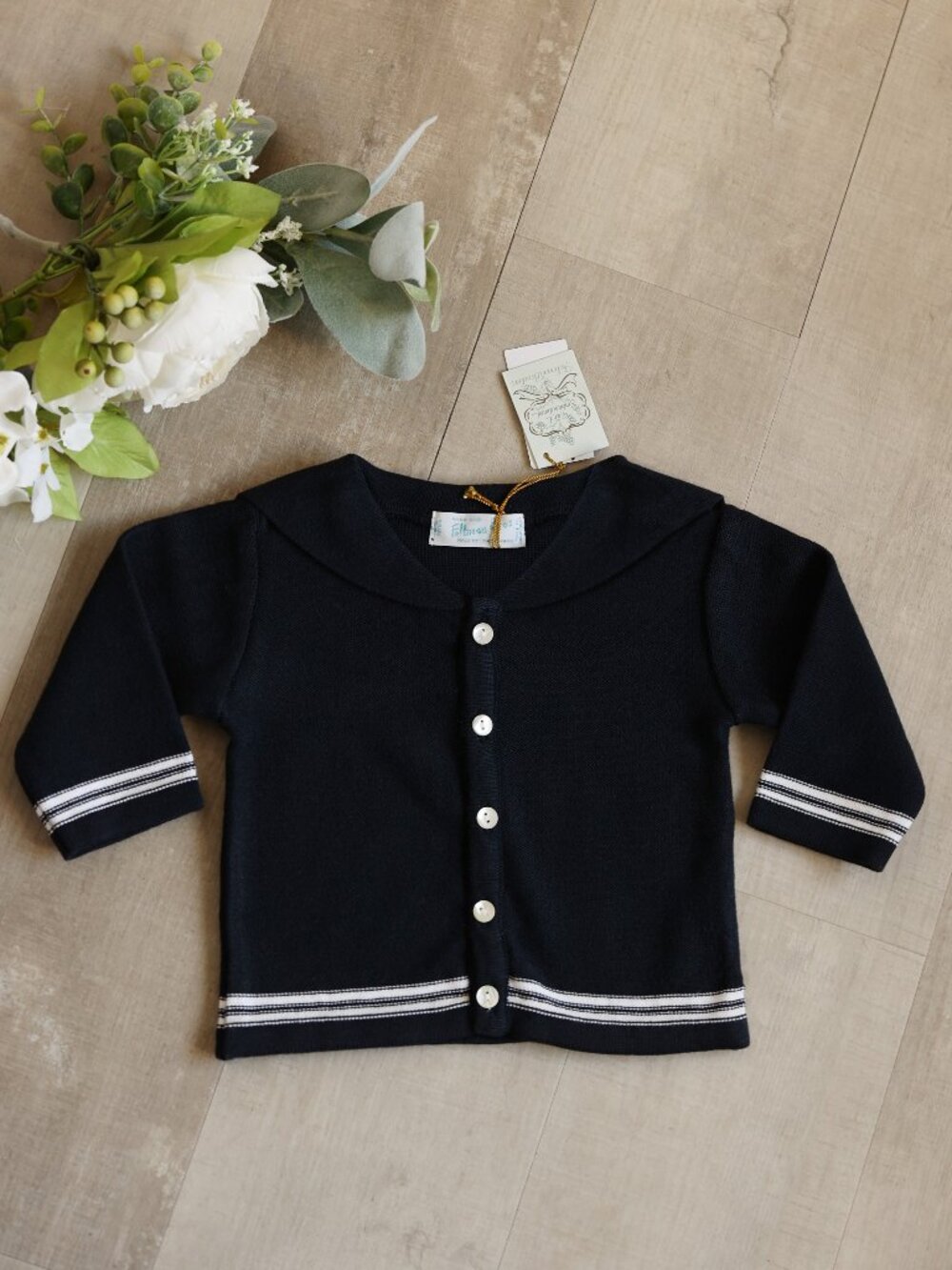 Navy Cardigan Sweater 100% Cotton Sailor Collar White Stripe Feltman Brothers